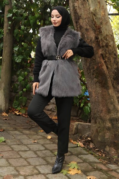 Gri Kemerli Kürklü Tesettür Yelek