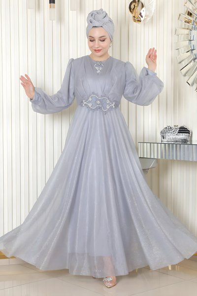Gri Simli Drapeli İnci Detaylı Tesettür Abiye Elbise