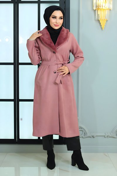 Gül Kurusu Geniş Kürk Yakalı Kaşe Tesettür Kaban