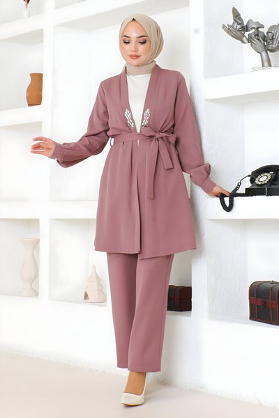 Gül Kurusu İkili Taş Detaylı Tesettür Takım