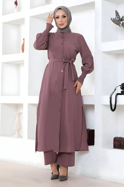 Gül Kurusu İkili Yırtmaç Detaylı Tesettür Takım