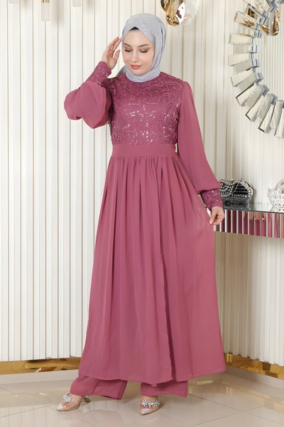 فستان سهرة محتشم شيفون بترتر لون وردي جاف