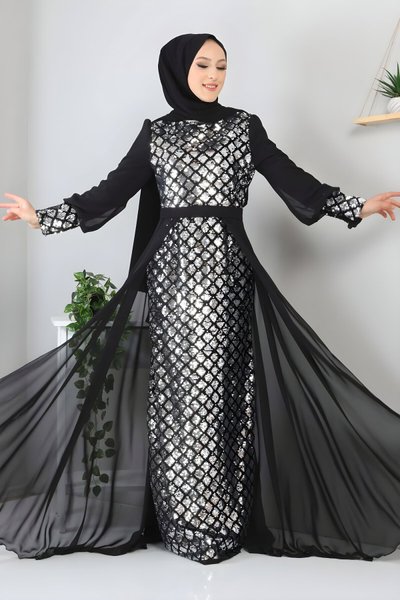 فستان سهرة شيفون محتشم فضي بترتر