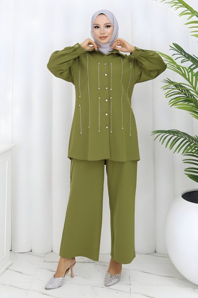 Haki İkili Taş Detaylı Tesettür Takım