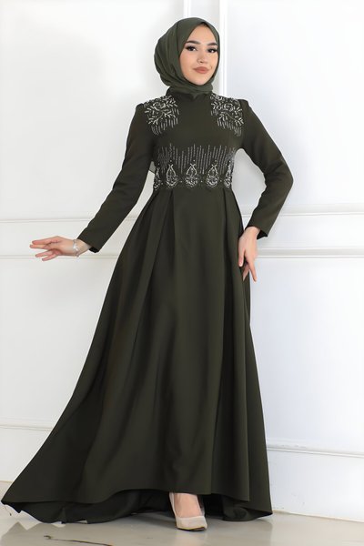 Haki İnci Detaylı Tesettür Abiye Elbise
