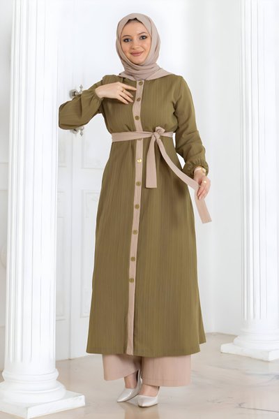 Haki Kapşonlu Düğmeli İkili Tesettür Takım