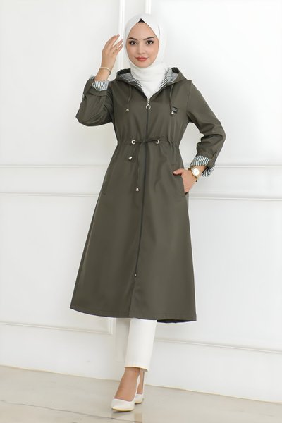 Haki Kapüşonlu Fermuarlı Trençkot