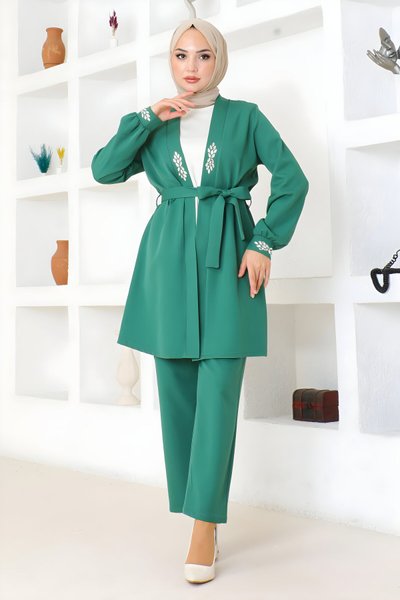 İkili Zümrüt Taş Detaylı Tesettür Takım