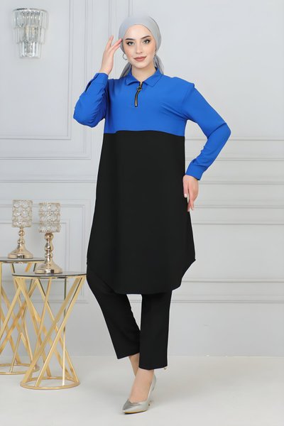 İndigo Fermuar Detaylı Tesettür Tunik