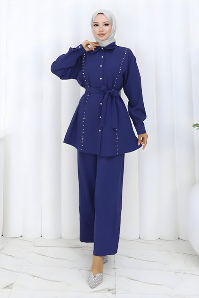 İndigo İkili İncili Kuşaklı Takım