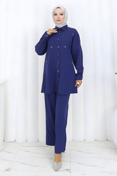 İndigo İkili Minimal Taşlı Tesettür Takım