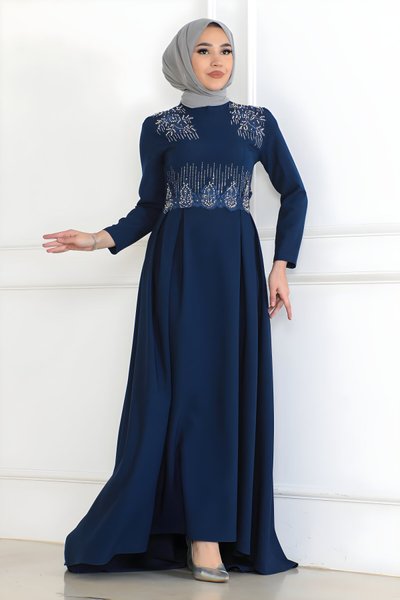 İndigo İnci Detaylı Tesettür Abiye Elbise