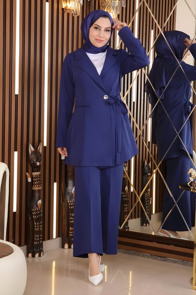 İndigo Kuşak Detaylı İkili Tesettür Takım