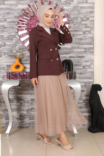 Kahverengi İkili Ceketli Tül Etekli Tesettür Takım