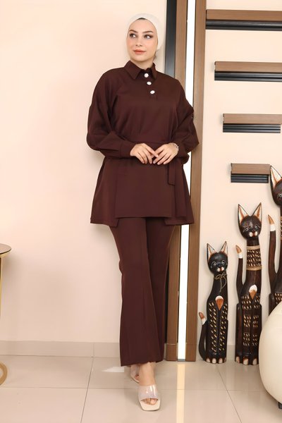 Kahverengi İkili Yırtmaçlı Tesettür Takım