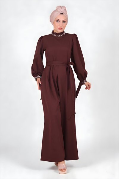 Kahverengi İnci Detaylı Tesettür Tulum
