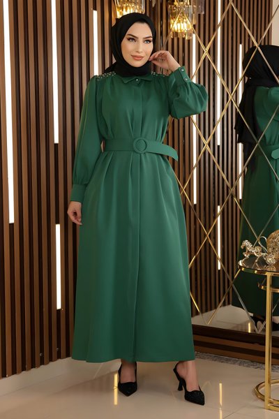 Kemerli Zümrüt Taş Detaylı Tesettür Elbise