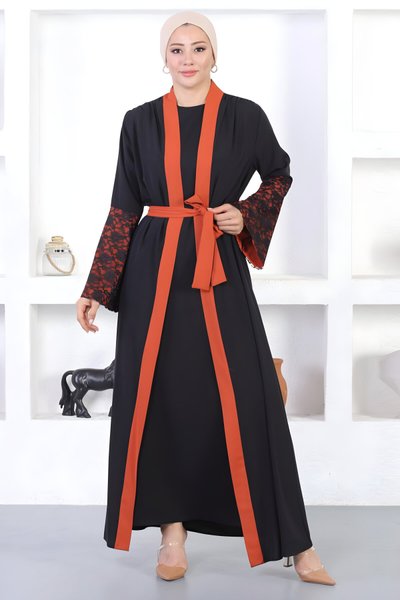 Kiremit Abaya Dantel Detaylı Ferace