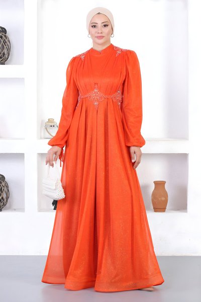 Kiremit Dantelli İncili Simli Tesettür Abiye Elbise