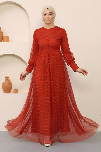 Kiremit Tül Düğme Detaylı Tesettür Abiye Elbise