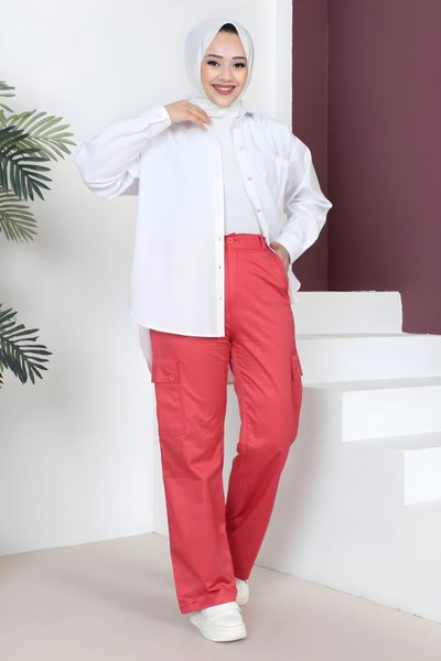 Kırmızı Bol Paça Beli Lastikli Tesettür Pantolon