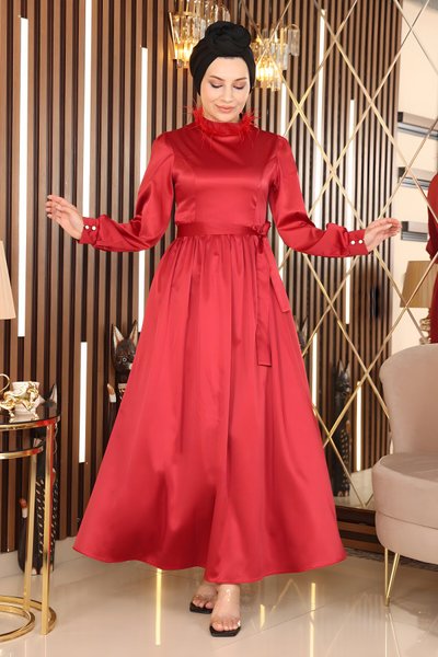 Kırmızı Saten Abiye Tüy Detaylı Tesettür Elbise
