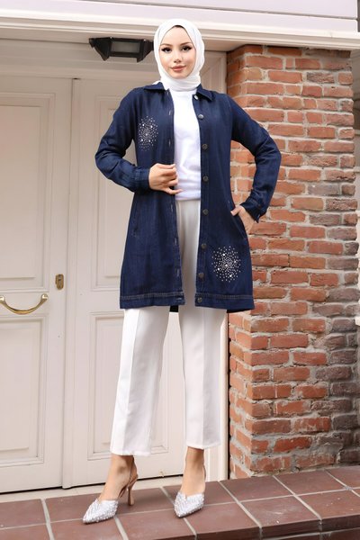 Koyu Mavi Kot Taş Detaylı Tesettür Gömlek