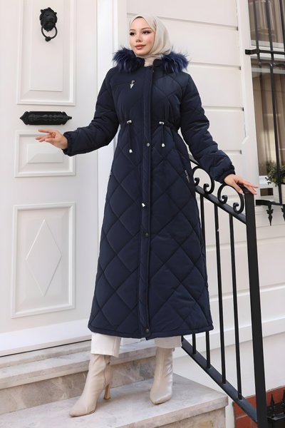 Lacivert Kapitone Kapşonlu Fermuarlı Tesettür Mont