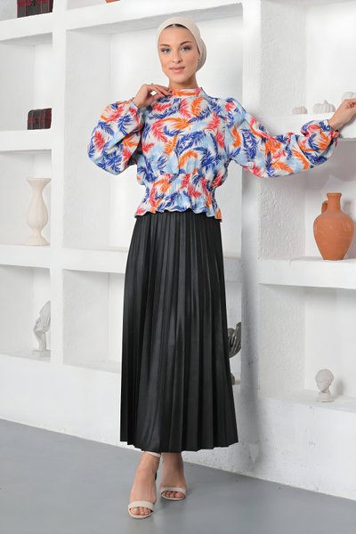 Mavi Desenli Lastikli Tesettür Bluz