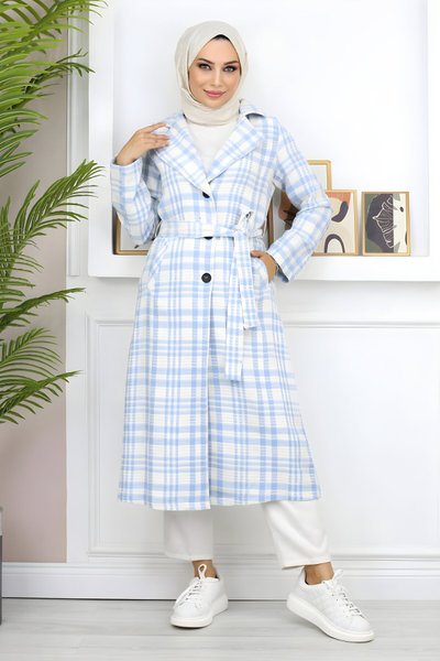 Mavi Ekoseli Şanel Kaşe Tesettür Kaban