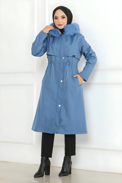 Mavi Kapşonlu Gizli Fermuarlı Tesettür Mont