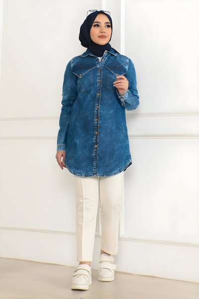 Mavi Kot Düğme Detaylı Tesettür Tunik
