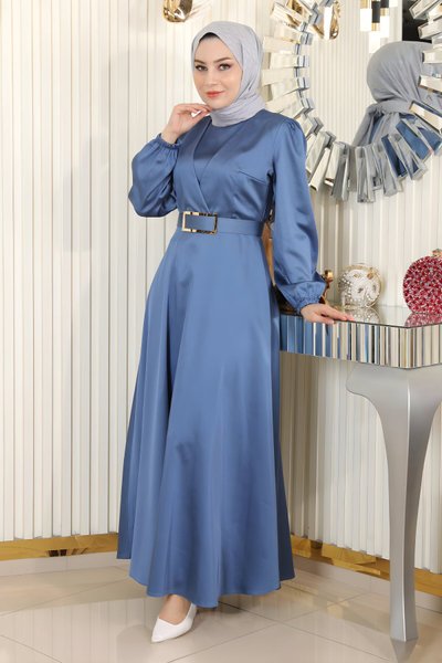 Mavi Saten Kemerli Tesettür Abiye Elbise