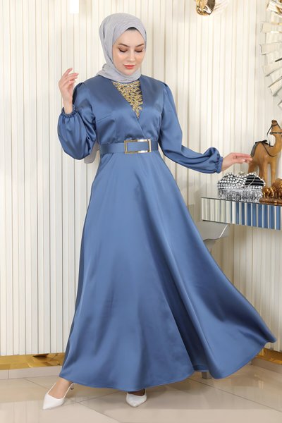 Mavi Saten Taş Detaylı Tesettür Abiye Elbise