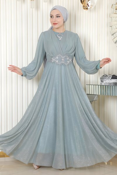 Mint Simli Şifon Drapeli İnci Detaylı Tesettür Abiye Elbise