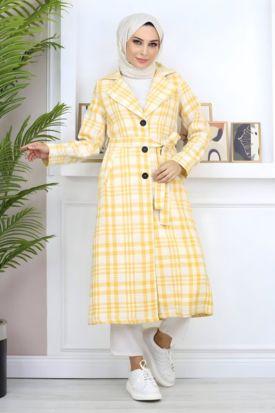 Sarı Ekoseli Şanel Kaşe Kaban