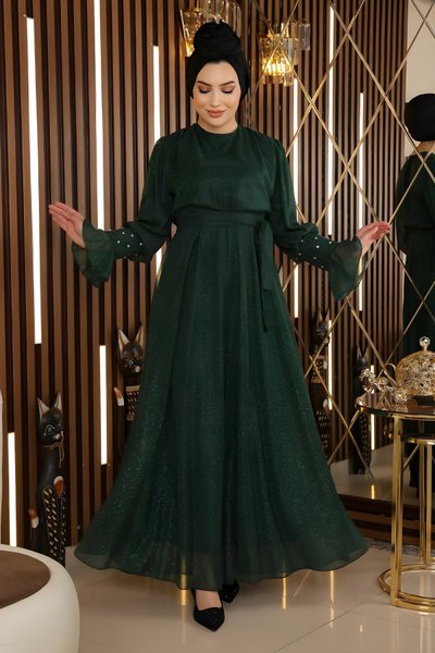 Simli Şifon Zümrüt Taş Detaylı Tesettür Abiye Elbise