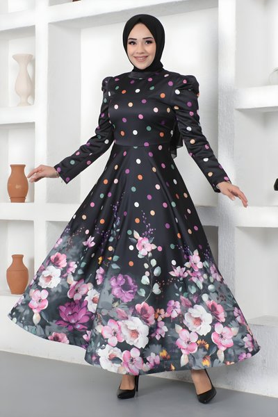 Siyah Çiçekli Puantiyeli Saten Tesettür Abiye Elbise