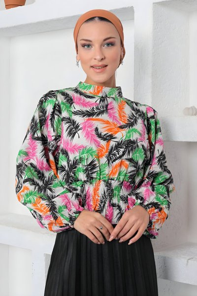 Siyah Desenli Lastikli Tesettür Bluz