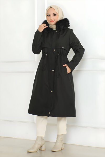 Siyah Gizli Fermuarlı Kapüşonlu Mont