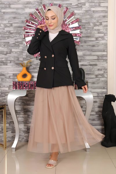 Siyah İkili Ceketli Eteği Tül Tesettür Takım
