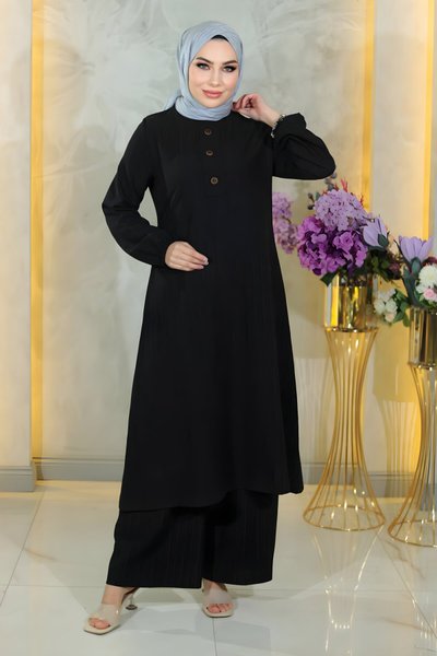 Siyah İkili Düğmeli Tesettür Takım