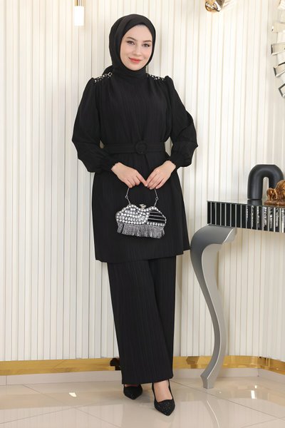 Siyah İkili Kemerli Taş Detaylı Tesettür Takım