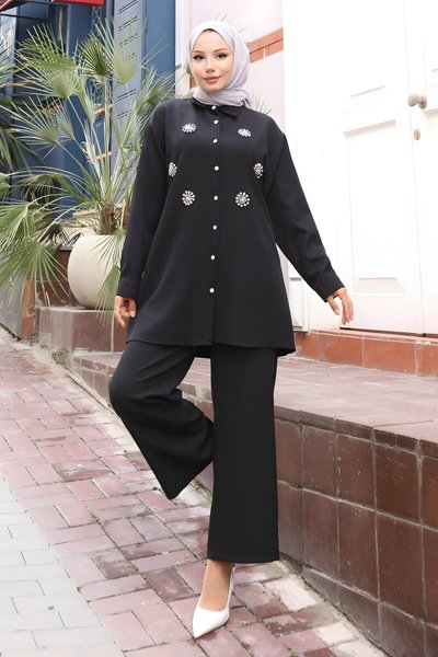 Siyah İkili Parıltı Taş Detaylı Tesettür Takım