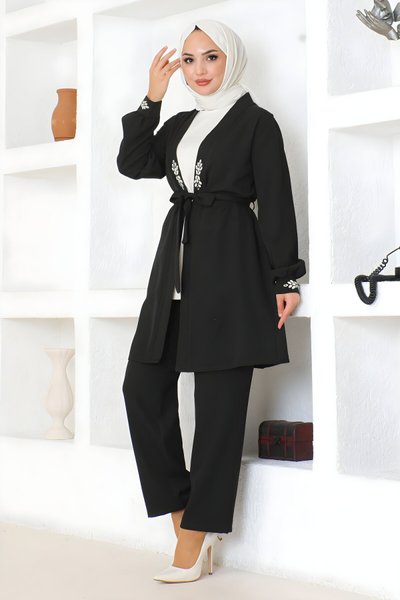 Siyah İkili Taş Detaylı Tesettür Takım