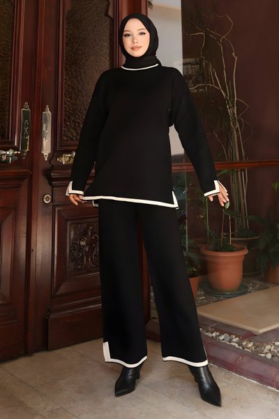 Siyah İkili Triko Yırtmaç Detaylı Tesettür Takım