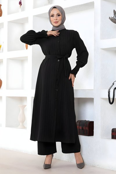 Siyah İkili Yırtmaç Detaylı Tesettür Takım