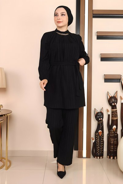 Siyah İkili Zincir Detaylı Tesettür Takım