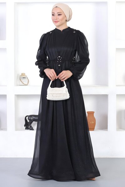 Siyah İncili Dantelli Simli Tesettür Abiye Elbise