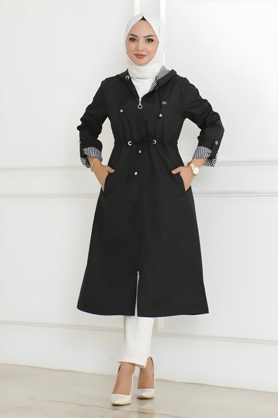 Siyah Kapüşonlu Fermuarlı Trençkot